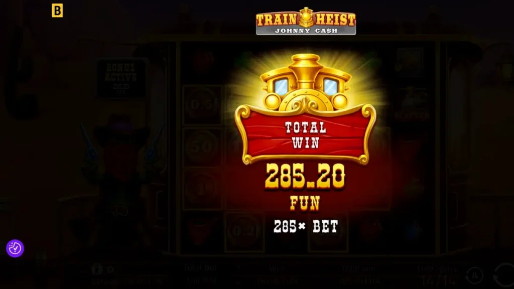 Train Heist Johnny Cash slot game interface featuring the cowboy character and desert train heist theme.