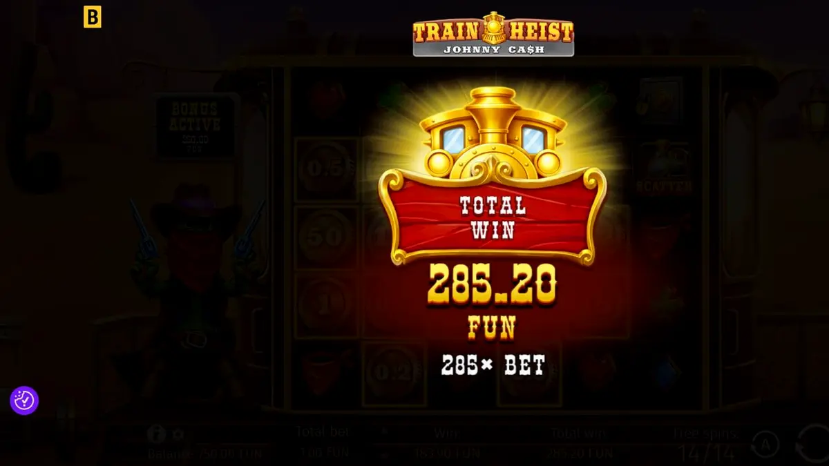Train Heist Johnny Cash slot game interface featuring the cowboy character and desert train heist theme.