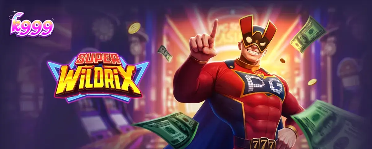 Super Wildrix slot machine interface with neon superhero theme